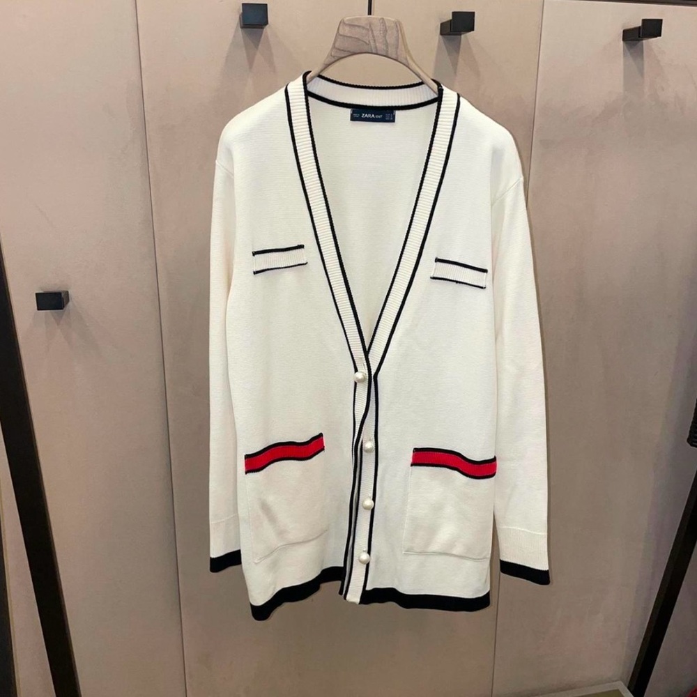 Zara long cardigan with pearl design buttons.